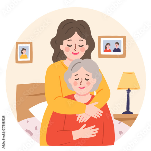 Young woman hugging an elderly woman in a cozy bedroom setting. Elderly set  