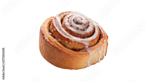 Fotografie Delicious sweet cinnamon roll pastry with white sugar glaze isolated on transparent background for breakfast bakery cafe menu
