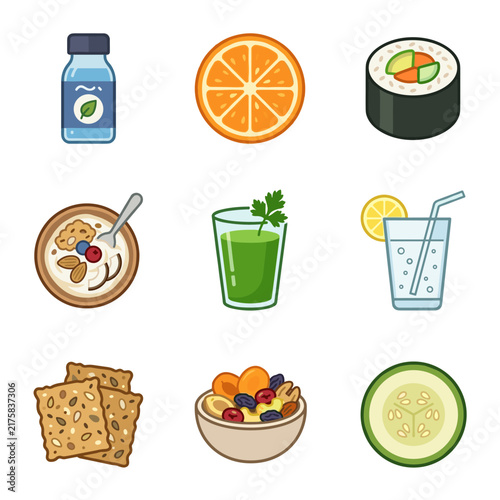 Pixel art set of healthy food and drink icons, probiotic bottle, orange slice, sushi, yogurt bowl, green juice, sparkling water, crackers, fruit salad, cucumber slice, flat vector icons for vegan