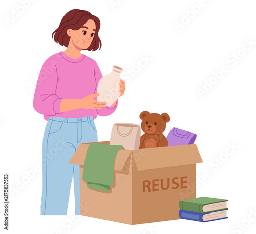 Woman Reusing Household Items and Donating Clothes. Flat Vector Illustration.