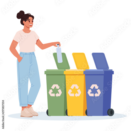 Woman Sorting Plastic Bottle Into Recycling Bins. Flat Vector Illustration.