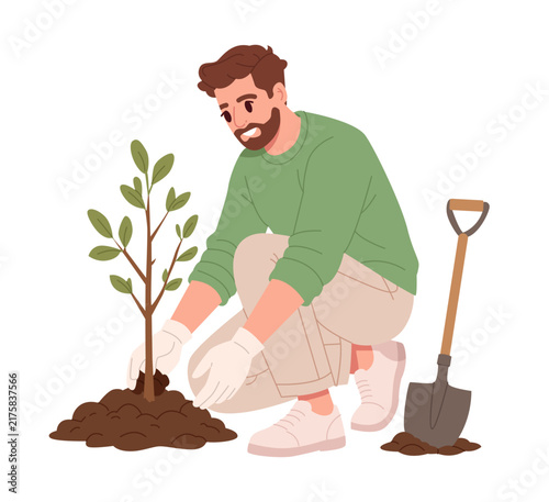 Man Planting Young Tree for Environmental Conservation. Flat Vector Illustration.