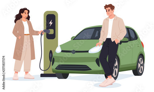 People Charging an Electric Vehicle at a Charging Station, Sustainable Transportation Concept. Flat Vector Illustration.