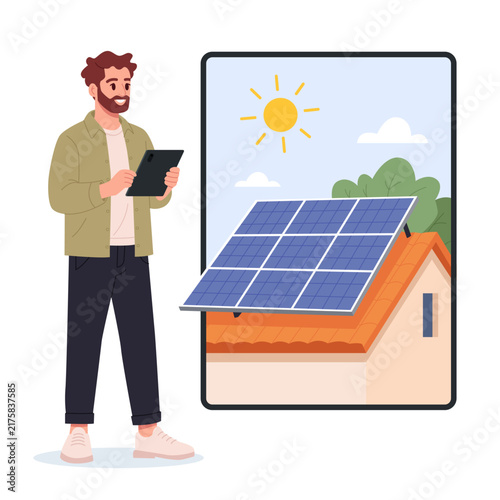Sustainable Home With Solar Panels and Renewable Solar Energy Concept. Flat Vector Illustration.