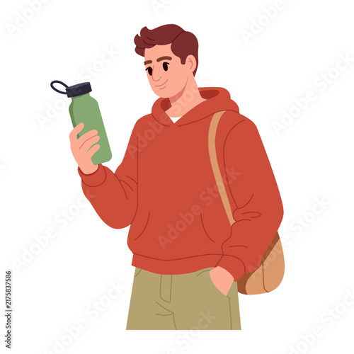 Man Holding Reusable Water Bottle for Eco Friendly Lifestyle. Flat Vector Illustration.