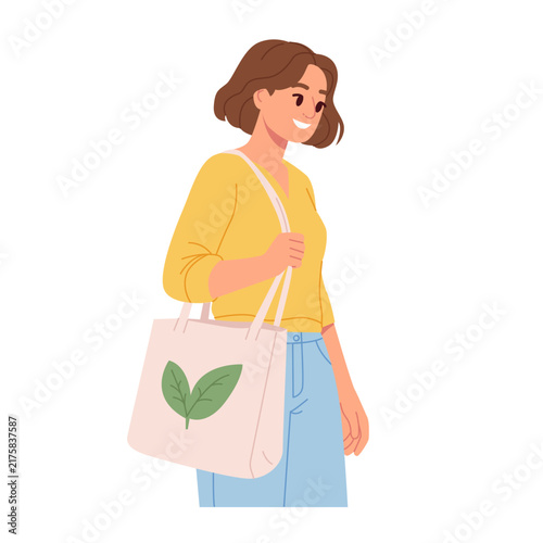 Woman Carrying Reusable Shopping Bag for Sustainable Lifestyle. Flat Vector illustration.