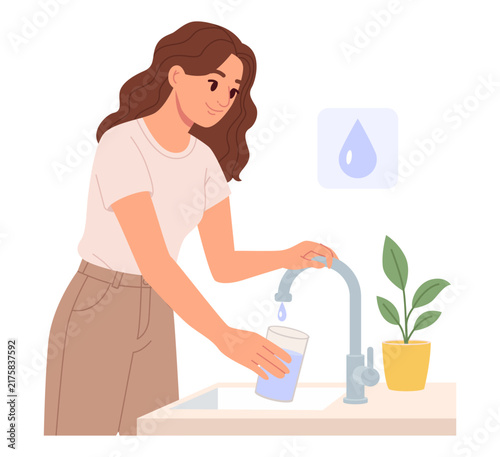 Woman Conserving Water by Turning Off a Faucet. Flat Vector Illustration.