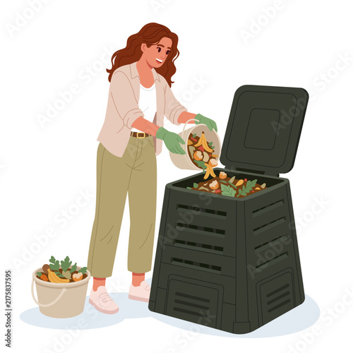 Woman Composting Food Scraps in Organic Waste Bin. Flat Vector Illustration.