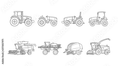 Foto Farming Machinery Collection: An artistic outline of various agricultural vehicles, including tractors, a combine harvester, a sprayer, a baler, and a forage harvester, presented in a clean