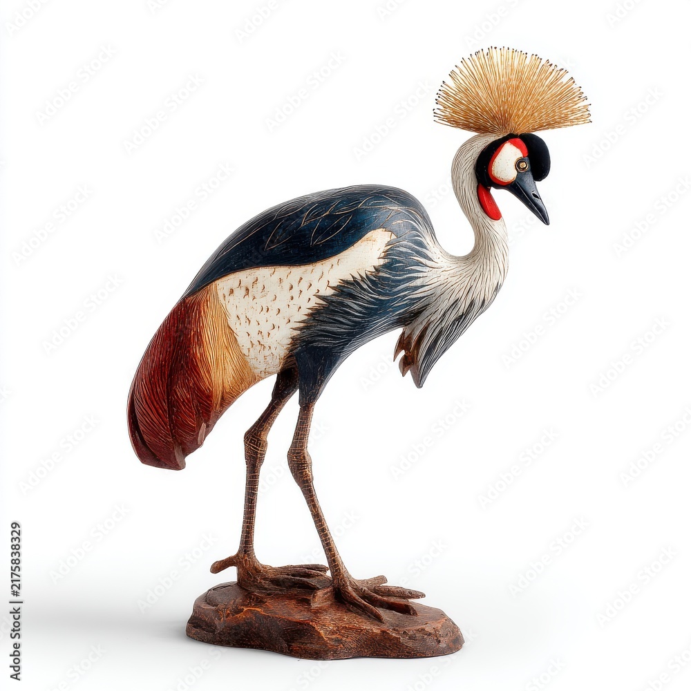 Fototapeta premium Decorative Beaded Grey Crowned Crane Sculpture On Textured Base Against A Solid White Background