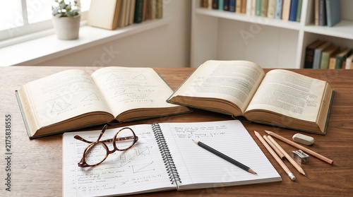 Obraz na płótnie Study desk with open textbooks for offline learning and academic study