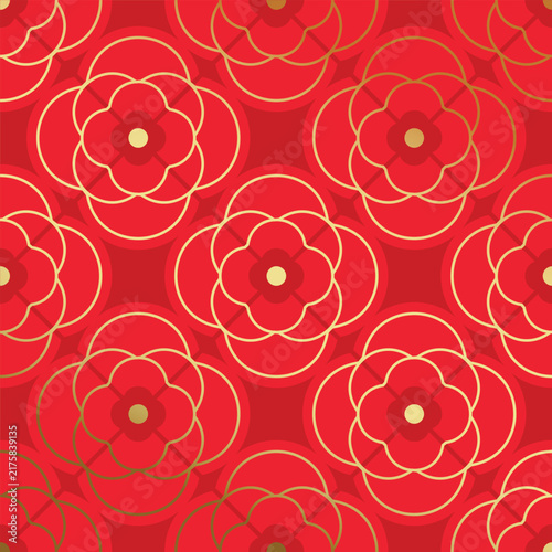 Chinese New Year seamless pattern vector with elegant gold geometric floral lattice ornaments on red background for festive Asian decoration and packaging.