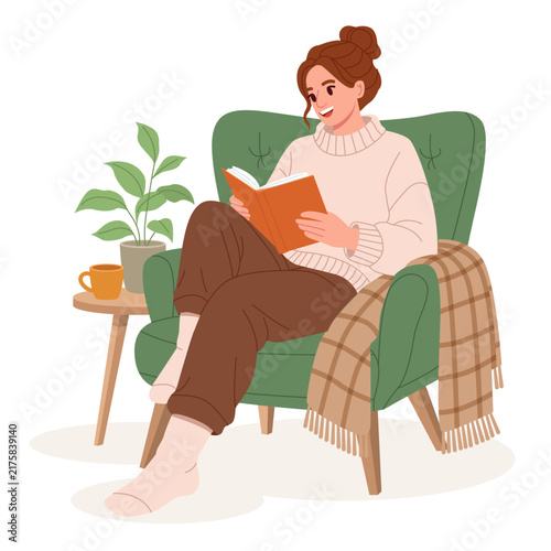 Woman Reading a Book at Home in a Cozy Autumn Interior. Flat Vector Illustration.