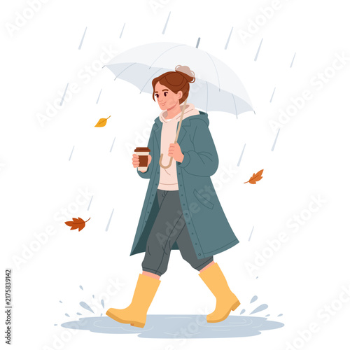Woman Walking on a Rainy Autumn Day with Umbrella. Flat Vector Illustration.
