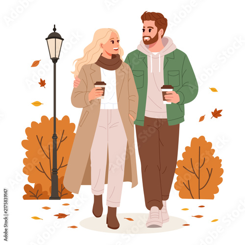 Couple Walking in an Autumn Park and Drinking Coffee. Flat Vector Illustration.
