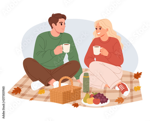 Cozy Couple Enjoying an Autumn Picnic Outdoors. Flat Vector Illustration.