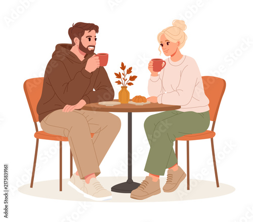 Cozy Couple Enjoying Coffee Together in an Autumn Cafe. Flat Vector Illustration.