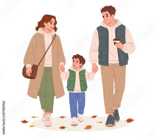 Happy Family Walking Together in an Autumn Park. Flat Vector Illustration.