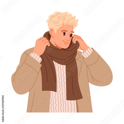 Stylish Man Wearing a Cozy Sweater and Scarf for Autumn. Flat Vector Illustration.