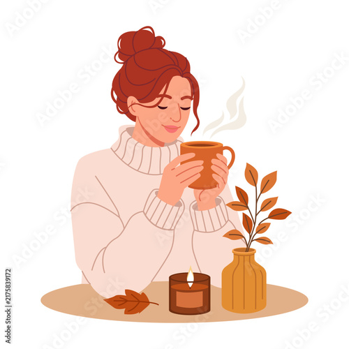 Woman Enjoying Hot Tea at Home on a Cozy Autumn Day. Flat Vector Illustration.