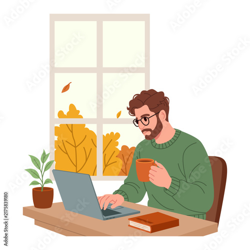 Man Working on a Laptop by a Window on a Cozy Autumn Day. Flat Vector Illustration.