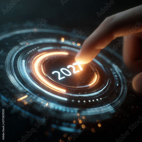 Hand press 2027 digital button, business growth 2027 concept generated.AI