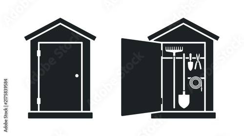 Shed Silhouette With Gardening Tools Black Vector Illustration On White