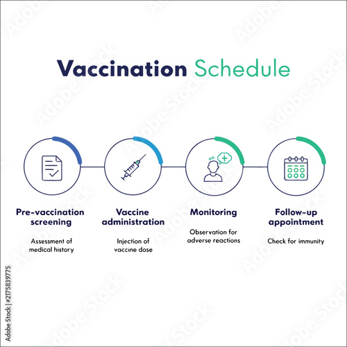 Vaccination schedule infographic timeline showing immunization stages and medical process.