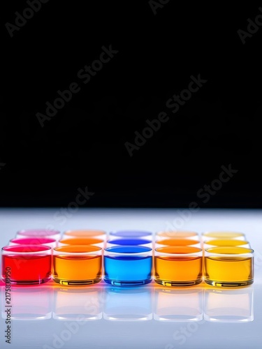 Microplate wells filled with colorless liquid, lab equipment, biochemical analysis.