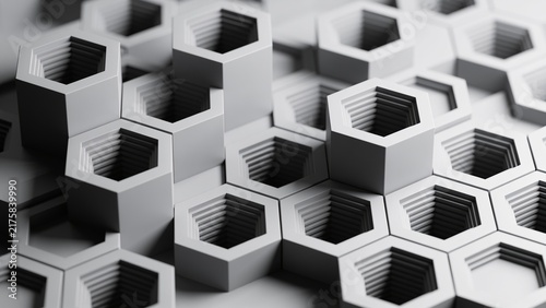 A modern 3D geometric background featuring an intricate pattern of extruded hexagonal shapes and interlocking cubes, creating depth, symmetry, dimension, and a futuristic abstract appearance.