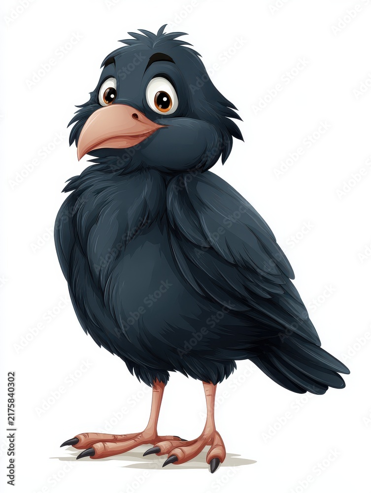 Fototapeta premium Cute Cartoon Crow Illustration Standing On A Plain White Background Featuring Soft Shaded Feathers