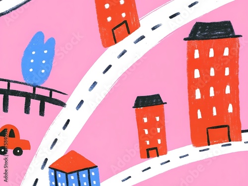 Hand drawn city map illustration with red buildings and a winding road on pink background