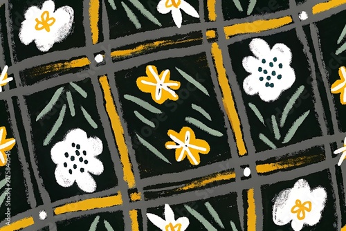 Hand drawn floral pattern with white flowers and yellow stars on a dark grid background