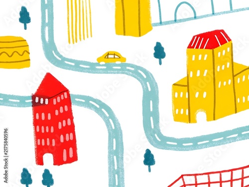 Hand drawn illustration of a city map with colorful buildings and a road with a yellow car