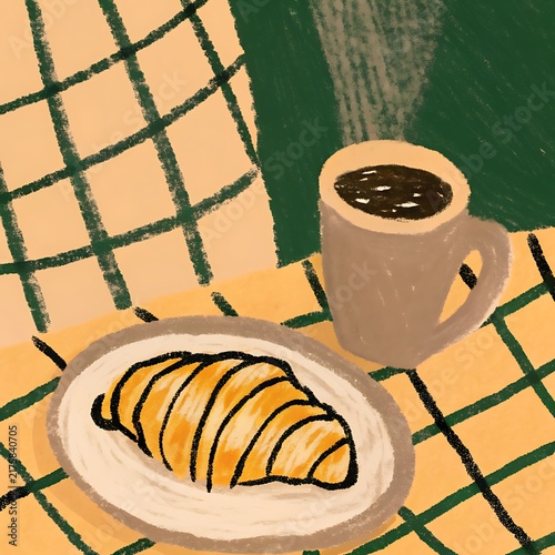 Hand Drawn Illustration of a Single Croissant on a Plate Next to a Steaming Cup of Coffee on a Grid Table