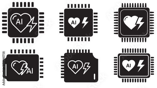 Artificial intelligence chip icons with heart and lightning symbols, modern processor silhouettes representing machine learning power, computing innovation, and digital technology concepts