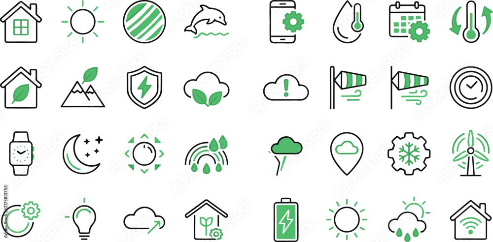 Obraz premium Green ecology and sustainable energy outline icon collection featuring smart home weather forecast climate control and conservation symbols