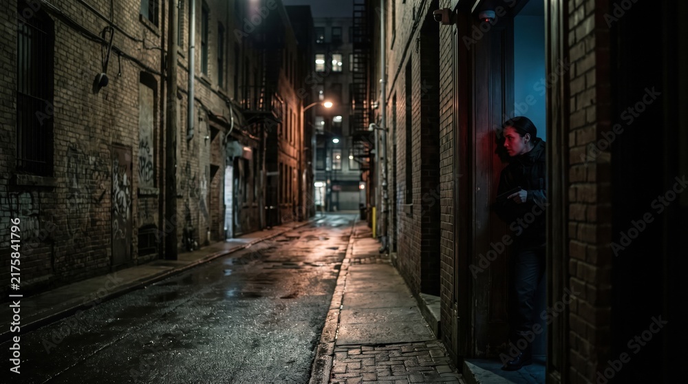 Fototapeta premium a woman hiding behind a doorway in a dark, narrow brick alleyway at night during an investigation.