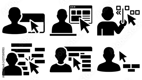 User interface silhouettes with cursor icons showing website navigation, web browsing, and digital interaction concepts in dark vector style