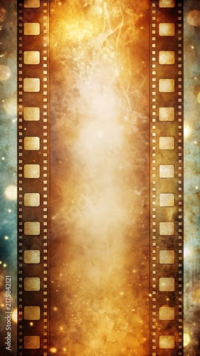 Vertical Vintage Film Strip Frame with Grunge Texture and Golden Light Bokeh Effects