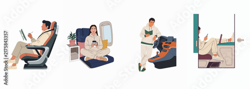 Set of flat illustrations showing people relaxing and interacting with technology in futuristic autonomous vehicle interiors.
