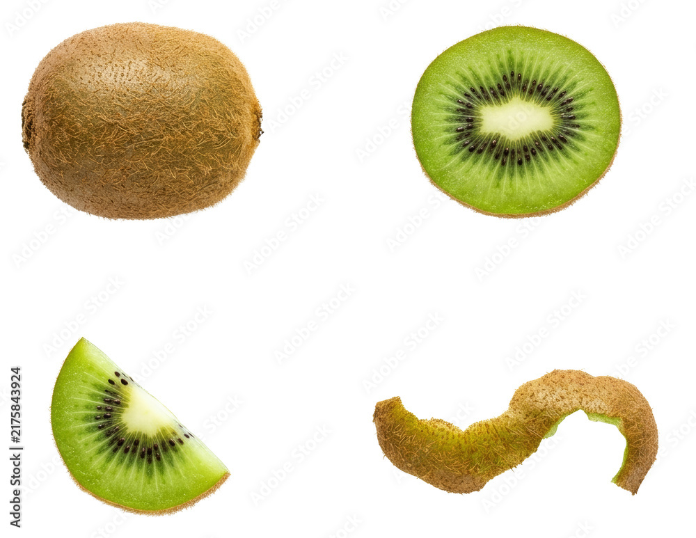 Obraz premium Collection of kiwi fruit whole, half sliced, wedge piece, and skin peel isolated top view