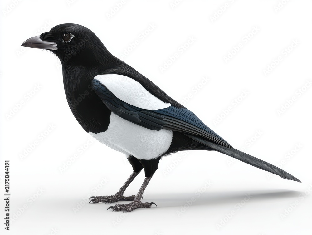 Fototapeta premium A Black And White Common Magpie Standing Isolated Against A Clean Neutral White Background