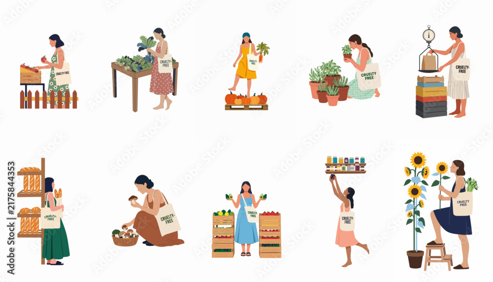 Fototapeta premium Vector illustration set of women shopping for organic produce, plants, and local goods using eco-friendly reusable tote bags at a market.