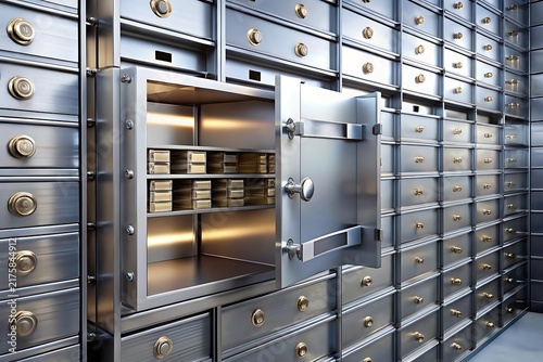 Open metal bank vault locker with gold interior shelves in a wall of safety deposit boxes