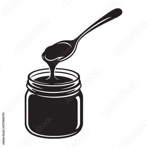 Black and white vector illustration of an open jar with a spoon scooping jam or honey