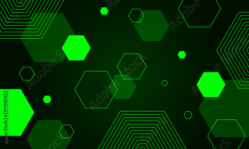 Abstract green hexagon on dark background. Dynamic geometric shapes and lines. Neon effects glowing in the dark.