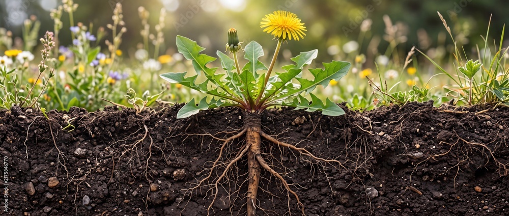 Naklejka premium Dandelion Plant with Deep Roots Growth and Resilience Concept