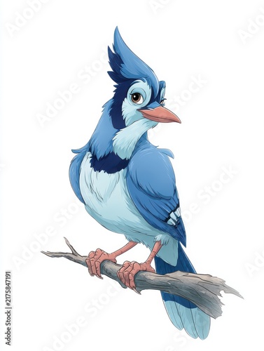Blue Jay Bird Sitting On A Tree Branch Digital Painting With White Background Isolated Mascot Style