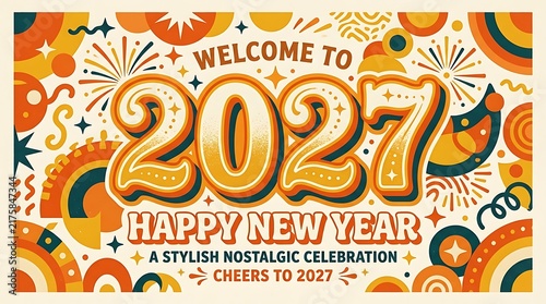 Festive new year 2027 celebration with golden numbers and colorful party decorations